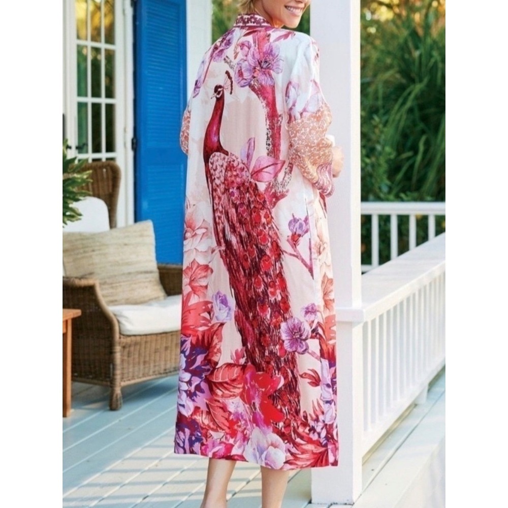 Soft Surroundings Faye Silk Blend Peacock Floral Kimono Robe Women Size S Lounge